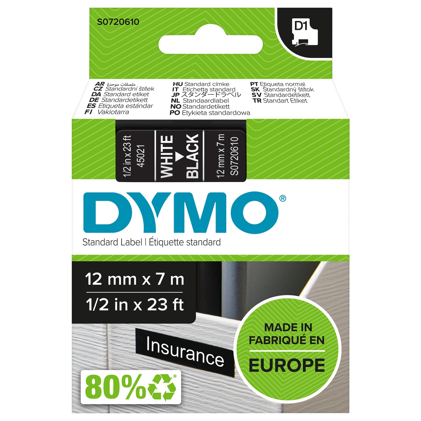 Original Dymo 45021 S0720610) D1 Label Tape 12mmx7m White on Black