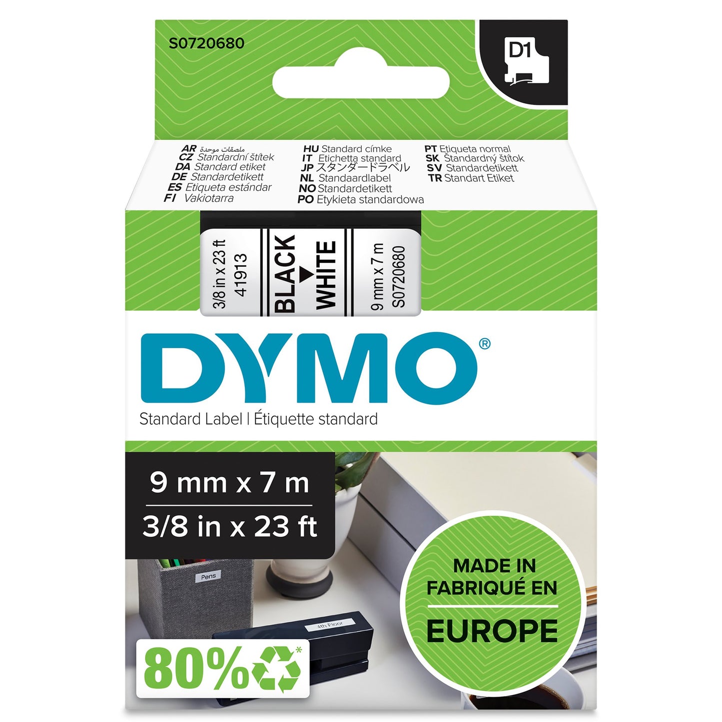 Original DYMO 40913 (S0720680) Label Tape Black on White 9mm x 7m