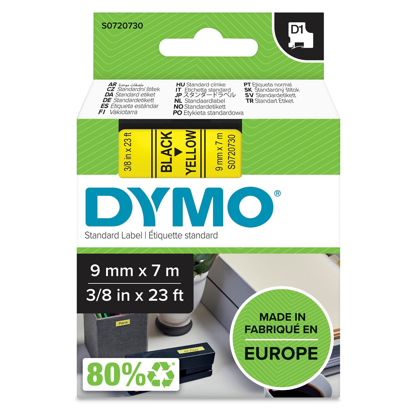 Original Dymo 40918 (S0720730) DirectLabel-etikettes black on yellow 9mm x 7m for Dymo D1 6-12mm/19mm/24mm/9-12mm/9-19mm