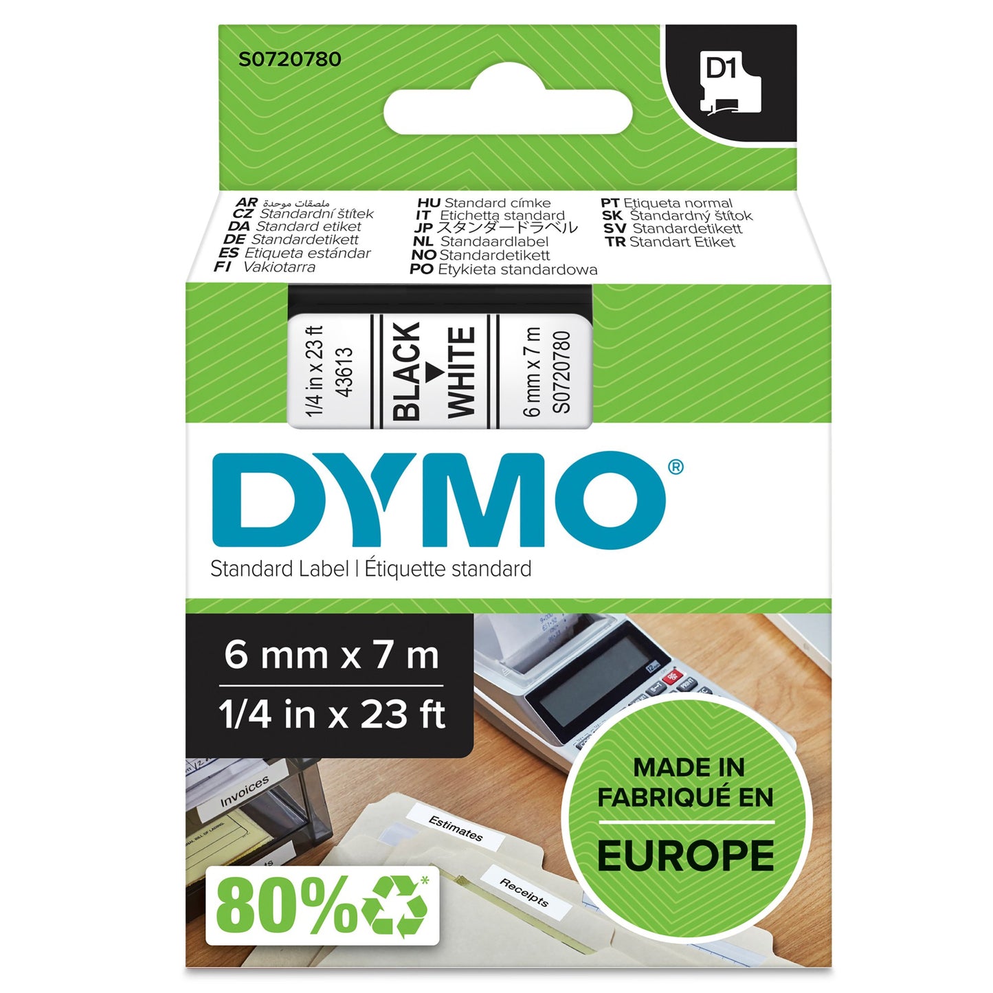 Original Dymo 43613 (S0720780) DirectLabel-etikettes Black on White 6mm x 7m for Dymo D1 6-12mm/19mm/24mm/400 Duo
