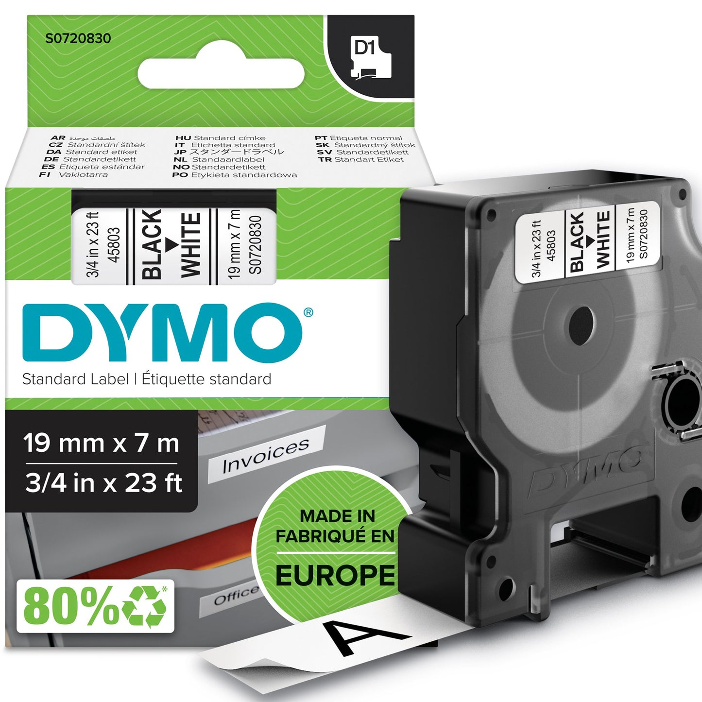 Original DYMO 45803 (S0720830) D1 Label Tape Black on White 19mm x 7m