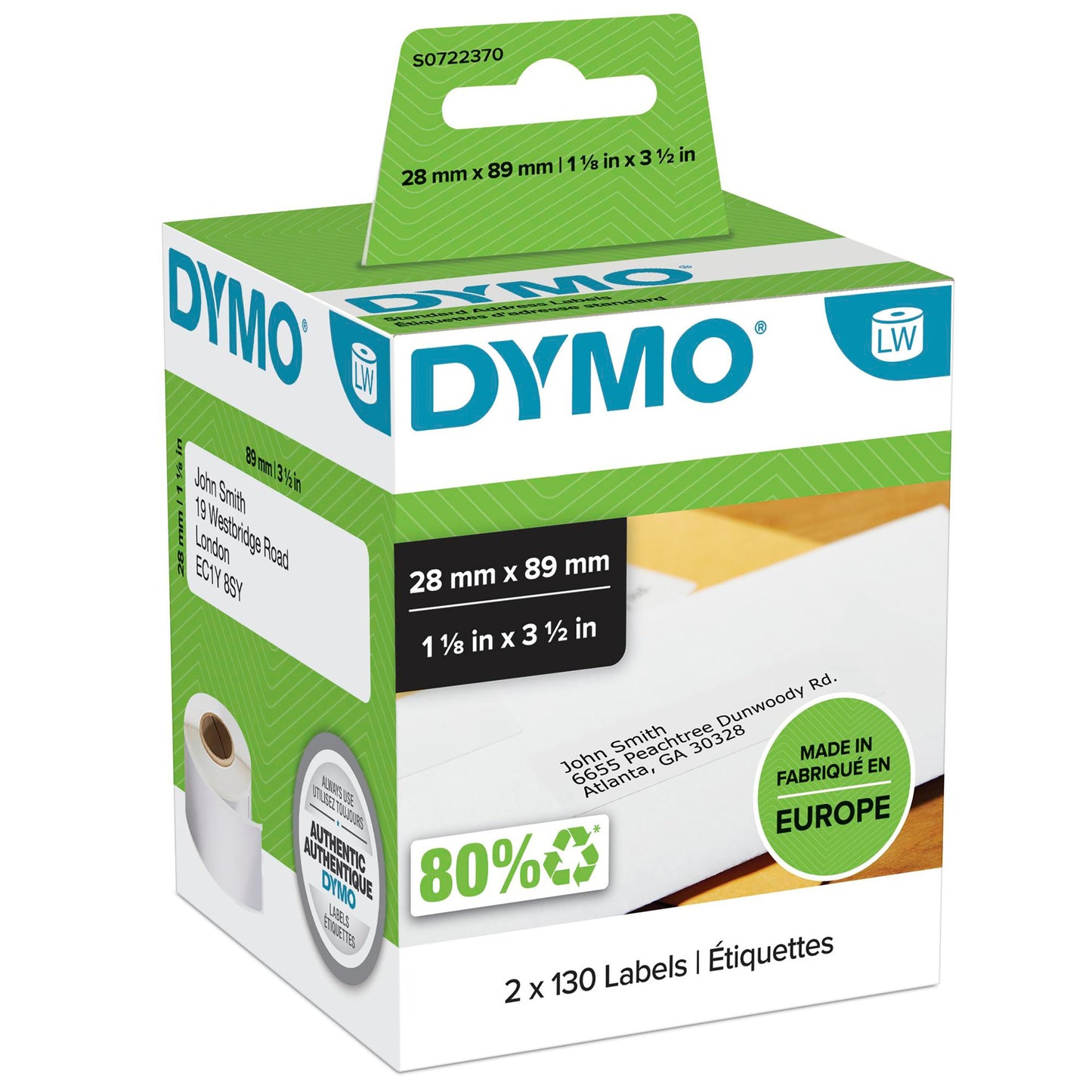 Original Dymo 99010/S0722370 DirectLabel-etikettes 89mm x28mm Pack=2 for Dymo 400 Duo/60mm