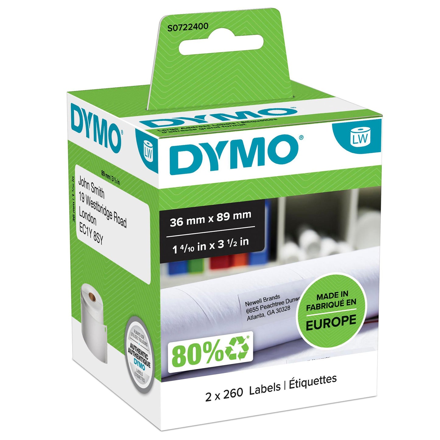 Original DYMO 99012 (S0722400) Label TapeWhite 89mm x36mm Pack qty 2