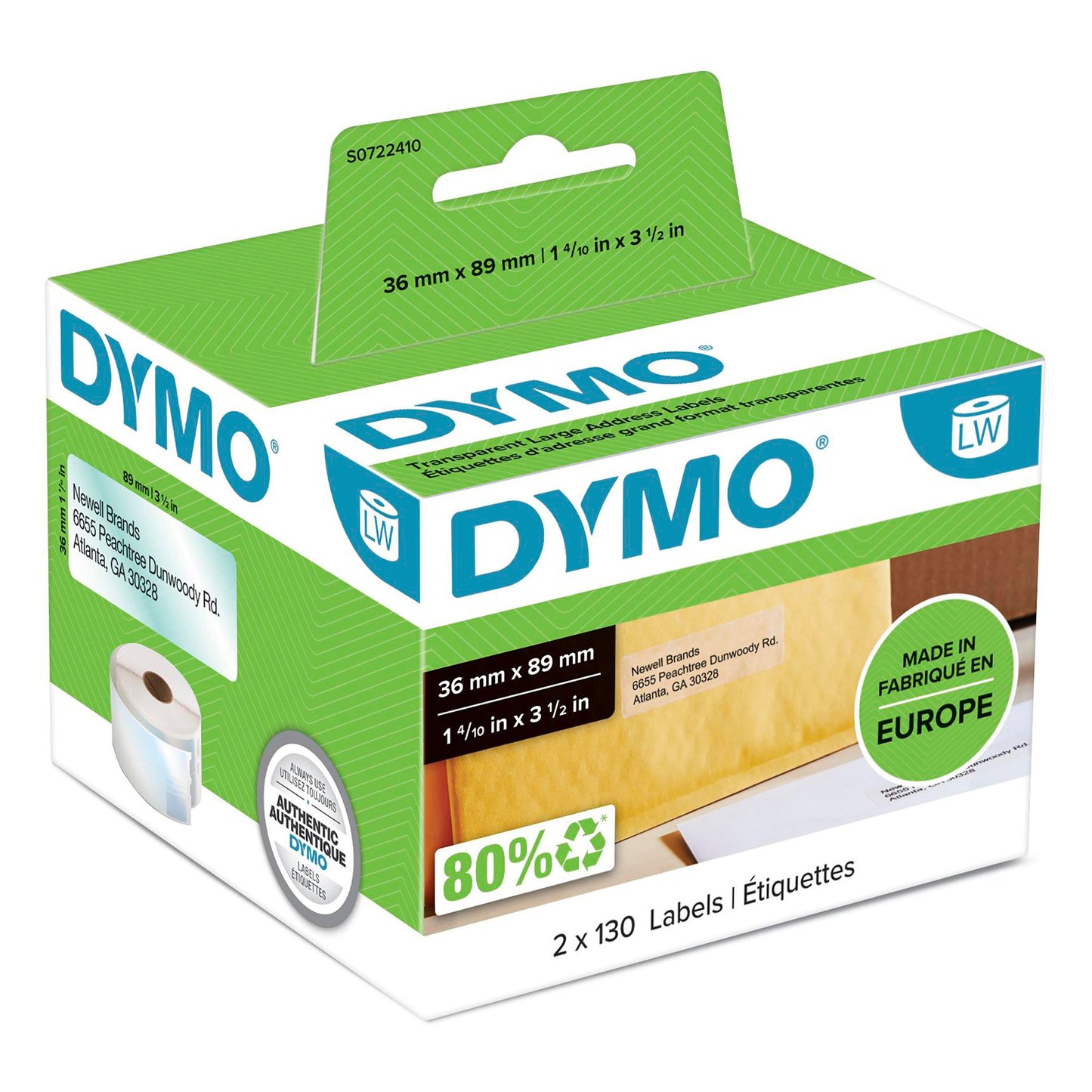 Original Dymo 99013 (S0722410) LabelWriter Large Address Labels 89mm x 36mm Transparent                   