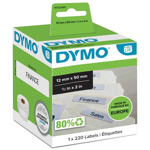 DYMO LabelWriter Self-Adhesive Easy-Peel Suspension File Labels 12mm x 50mm White 1 Roll (220 Labels) - S0722460
