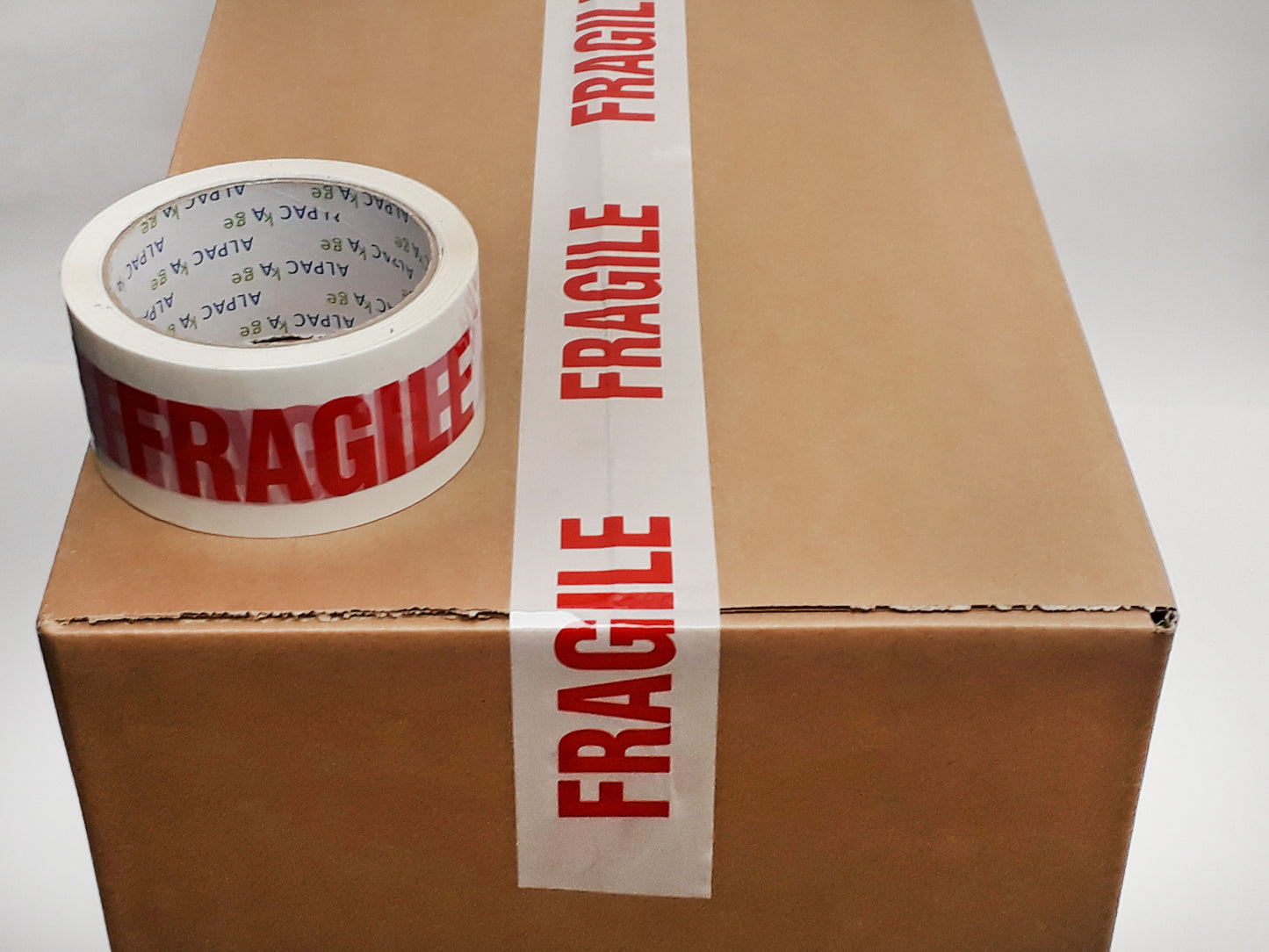 BOX of 72 Rolls Printed BOPP Tape FRAGILE 48mm  66m  38mu Red/ Wht TFB486638 - 12 Packs of 6 Per Box