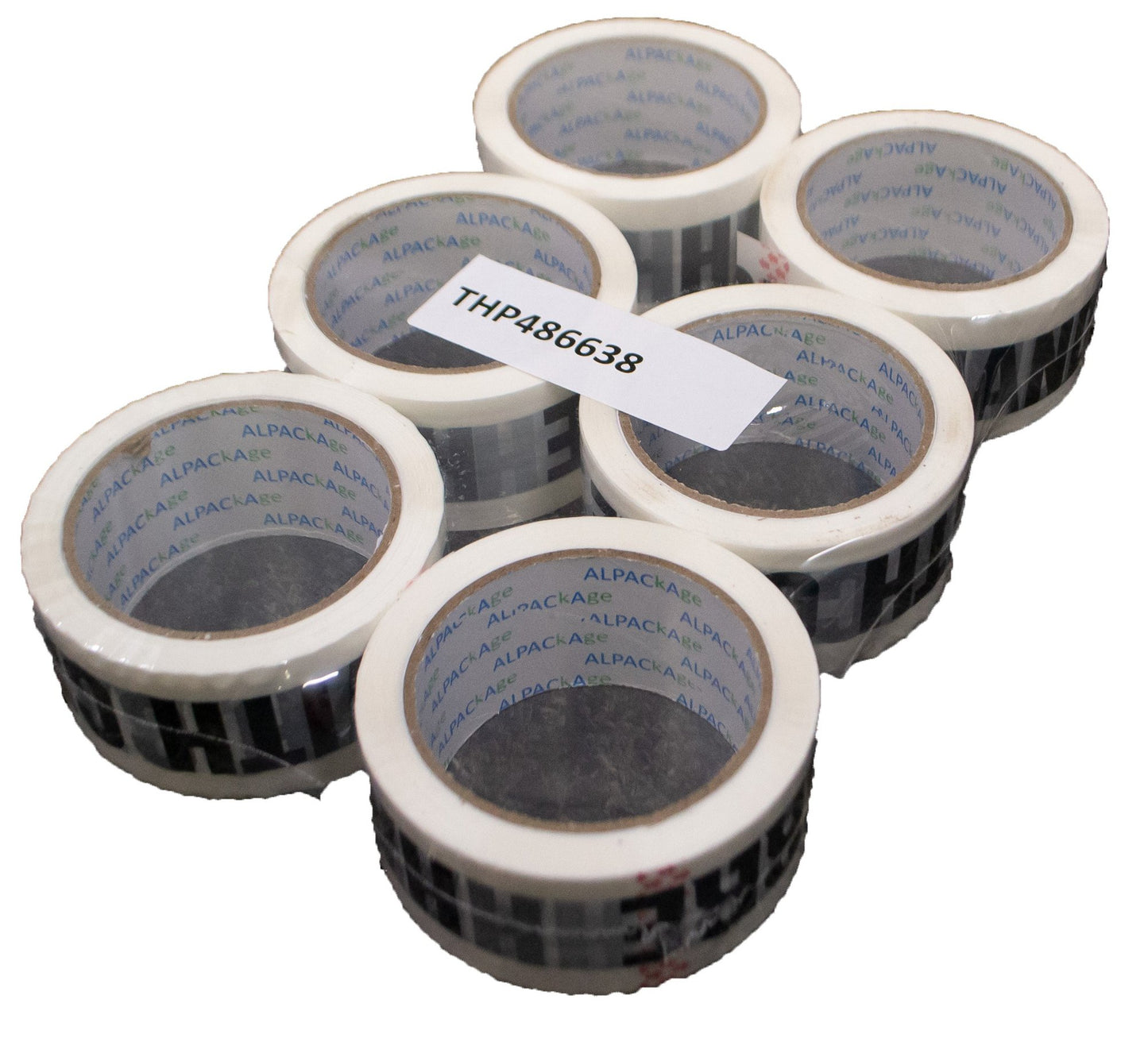 Pk 6 Printed BOPP Tape HANDLE WITH CARE 48mm  66m  38mu Blk/ Wht THP486638